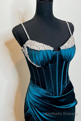 Dark Blue Mermaid Beaded Pleated Satin Long Prom Dress with Slit